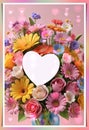 Bouquet of colorful flowers in a vase with a heart.