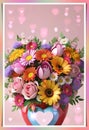 Bouquet of colorful flowers in a vase with a heart.