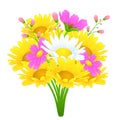 Bouquet of colorful flowers, vector drawing. Bright meadow buds yellow and white chamomile, cosmos pink flowers Royalty Free Stock Photo