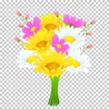 Bouquet of colorful flowers, vector drawing. Bright meadow buds yellow and white chamomile, cosmos pink flowers and