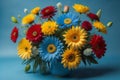 Bouquet of colorful gerberas in vase on blue background. generative ai