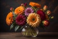 Bouquet of colorful gerberas in vase on wooden table. generative ai