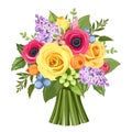 Bouquet of colorful roses, anemones and lilac flowers. Vector illustration. Royalty Free Stock Photo