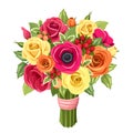 Bouquet of colorful roses, lisianthus and anemones flowers. Vector illustration. Royalty Free Stock Photo