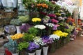 Bouquet of colorful roses and other different flowers at the entry to flower shop at farmers` market. Colorful peony, roses etc.