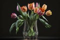 bouquet of colorful tulips in glass vase on black background Royalty Free Stock Photo