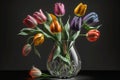 bouquet of colorful tulips in glass vase on black background Royalty Free Stock Photo