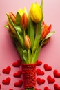 Bouquet of colorful tulips and small red hearts Royalty Free Stock Photo