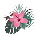 Bouquet composition with pink hibiscus flower and palm leaves, flat vector illustration. Tropical exotic Hawaii plants Royalty Free Stock Photo