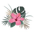 Bouquet composition with pink hibiscus flower and palm leaves, flat vector illustration. Tropical exotic Hawaii plants Royalty Free Stock Photo