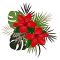 Bouquet composition with red hibiscus flower and palm leaves, flat vector illustration. Tropical exotic Hawaii plants Royalty Free Stock Photo