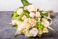 Bouquet of cream roses. Still life with colorful flowers. Fresh roses. Place for text. Flower concept. Fresh spring bouquet.