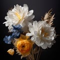 Bouquet of daffodils and cornflowers on black background
