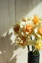 Bouquet of daffodils. Flowers on the background of a light wooden wall. Spring bouquet. Vertical. copy space Royalty Free Stock Photo