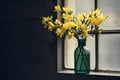 Bouquet of daffodils in a green vase on the windowsill