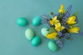 Bouquet of daffodils, tulips and Muscari.Easter. Easter eggs are blue and turquoise. Royalty Free Stock Photo