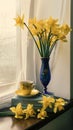 Bouquet of daffodils on the window. Yellow cup and books on the windowsill. Spring mood.