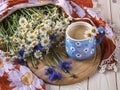 A blue cup with daisies and a beautiful bouquet of daisies and cornflowers. Summer still life with wildflowers, Royalty Free Stock Photo