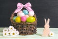 Bouquet of daisies and an Easter basket Royalty Free Stock Photo