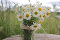 Bouquet of daisies in a glass jar on a wooden table outdoors. Natural background.