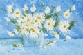 Bouquet of daisies in glass vase. Oil sketch of summer flowers on blue airy background close-up. Hand painted on canvas Royalty Free Stock Photo