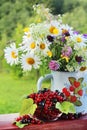 A bouquet of wildflowers and a glass bowl of red currant Royalty Free Stock Photo