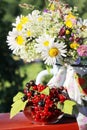 A bouquet of wildflowers and a glass bowl of red currant Royalty Free Stock Photo