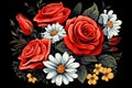 a ?bouquet of daisies and roses on a black background generated by AI, generative assistant