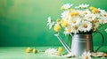 Bouquet of daisies in watering can on green background Royalty Free Stock Photo
