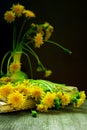 Bouquet of dandelion flowers and photo album on wooden table rustic Royalty Free Stock Photo