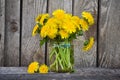 Bouquet of dandelion flowers, yellow wildflowers on old wooden table. Still life with wild flowers Royalty Free Stock Photo