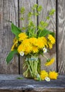 Bouquet of dandelion flowers, yellow wildflowers on old wooden table. Still life with wild flowers Royalty Free Stock Photo