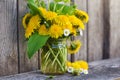 Bouquet of dandelion flowers, yellow wildflowers on old wooden table. Still life with wild flowers Royalty Free Stock Photo