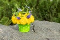 Bouquet of dandelions and blue flowers in a bucket on a stone. Dandelion flowers. Copy space. Place for an inscription