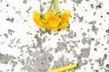 bouquet of dandelions and a yellow marker on a concrete  surface Royalty Free Stock Photo