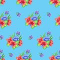 Bouquet decorative flowers on blue background. Seamless pattern.