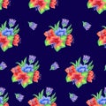 Bouquet decorative flowers on violet background. Seamless pattern.