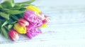 Bouquet of delicate multi-colored tulips on a light blue wooden background in Provence style Royalty Free Stock Photo