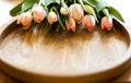 a bouquet of delicate tulips - a gift for a woman - lies on the edge of a wooden tray with a place for text