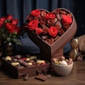 a bouquet of different flowers in a vase and chocolate gifts on the table