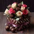 a bouquet of different roses in a box and chocolate gifts on the table