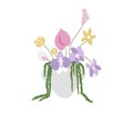 Bouquet of diverse flowers in ceramic vase, trendy home decor, flower arranging vector illustration