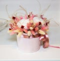 A bouquet of dried flowers made of cotton boxes, carnations, albizia, cortaderia in a beautiful white ceramic pot Royalty Free Stock Photo