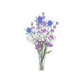 Bouquet of elegant blooming gypsophila and lavender. Vector flat illustration. Romantic bouquet isolated on white