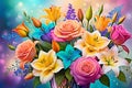 Bouquet Encompassing Roses, Lilies - Abstractly Blended into a Cascade of Vibrant Colors, Background Harmony