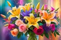 Bouquet Encompassing Roses, Lilies - Abstractly Blended into a Cascade of Vibrant Colors, Background Harmony