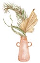 Bouquet of exotic plants and palm tree leaves in a ceramic vase. Watercolor dried tropical illustration.