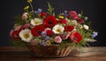 bouquet features a variety of colorful wildflowers including poppies, daisies, and cornflowers.