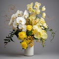 Nature-inspired White Vase With Yellow Roses And Orchids Royalty Free Stock Photo