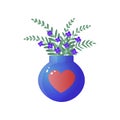 Bouquet of blue wild flowers in big glass vase decorated with heart on white background